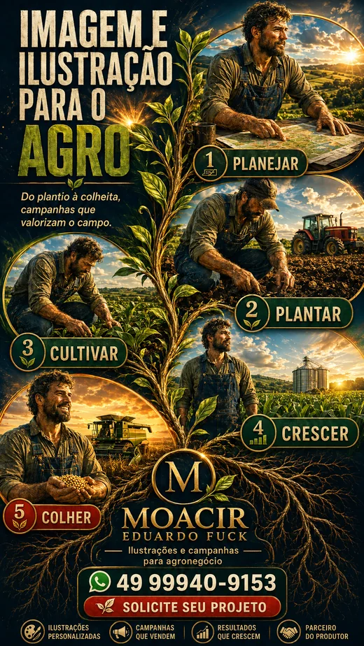 Campanha visual para o agronegócio com as etapas planejar, plantar, cultivar, crescer e colher