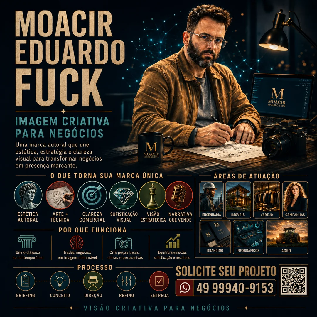 Manifesto visual de Moacir Eduardo Fuck com áreas de atuação, processo e proposta criativa